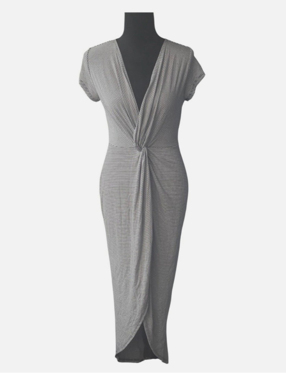 Striped V-Neck Maxi Dress in Gray & White